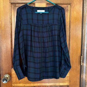 Loft Collarless  Blue/Green Plaid Top